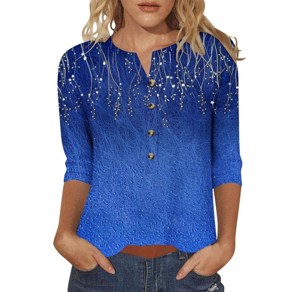 Yuanlook Women's Casual T Shirts 3/4 Sleeve Button V Neck Tunic Blouses Basic Tee Tops Loose Fit Summer Shirt - Blue - XXXXXL