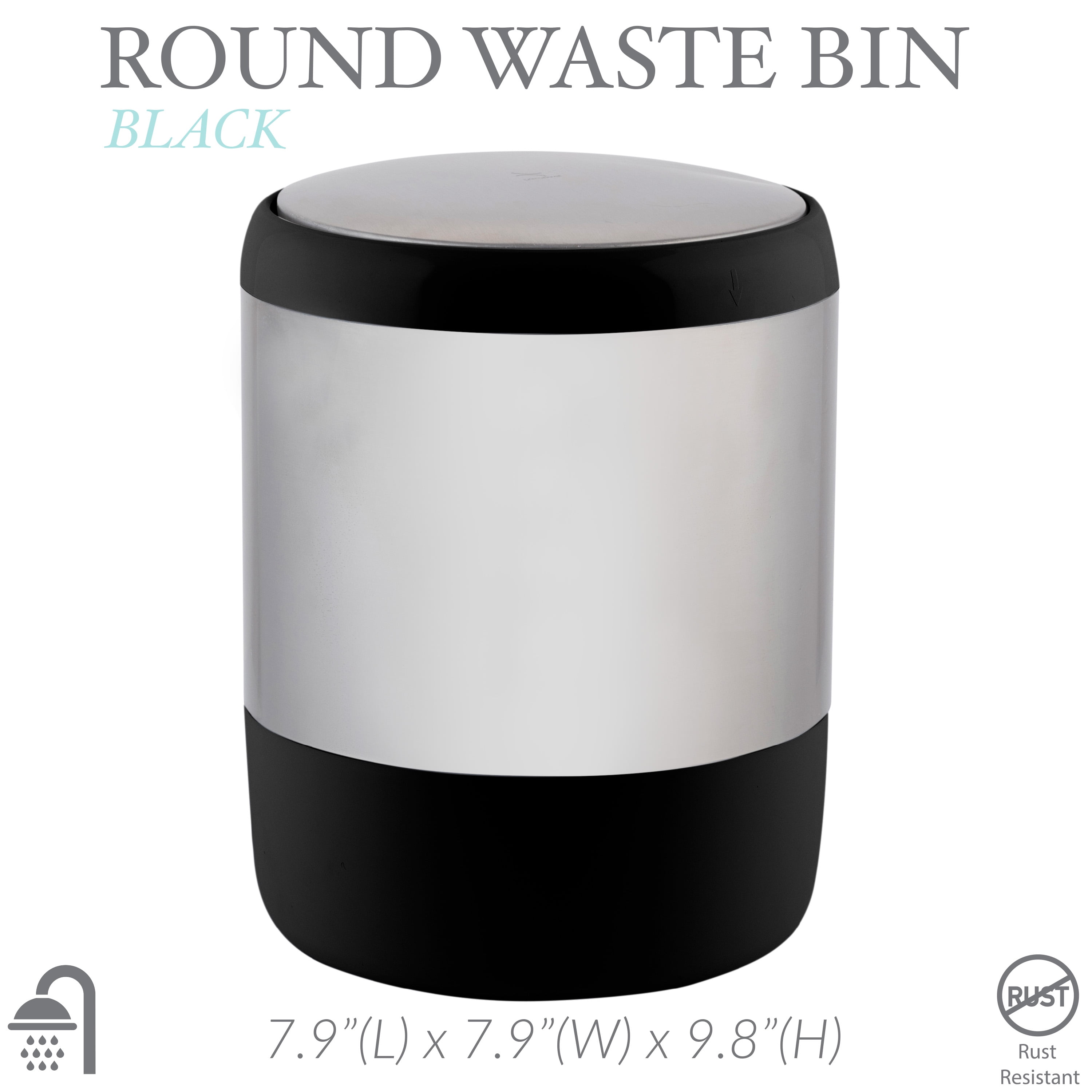 Bath Bliss Smooth Matte Stainless Steel Rotating Lid Waste Bin in Black