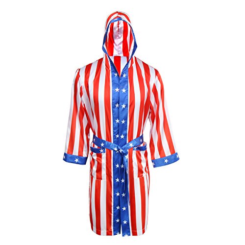 AMNPOLEN Adult Men Satin American Flag Boxing Costume Robe Cloak With Hood