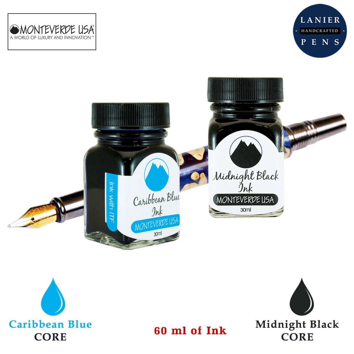 Monteverde 60ml Core Fountain Pen Ink Bottle (30ml Caribbean Blue Ink Bottle G309CU, 30ml Midnight Black Ink Bottle G309MB)