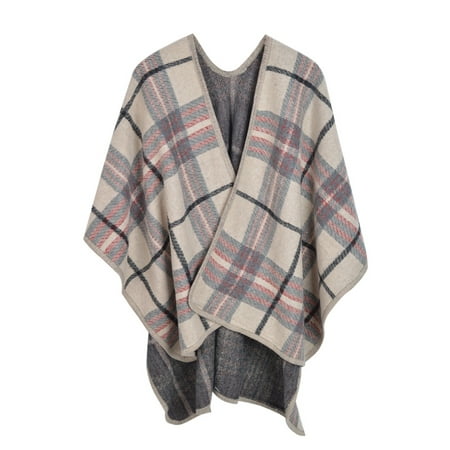 Premium Warm Winter Check Plaid Blanket Poncho Shawl Cape ...