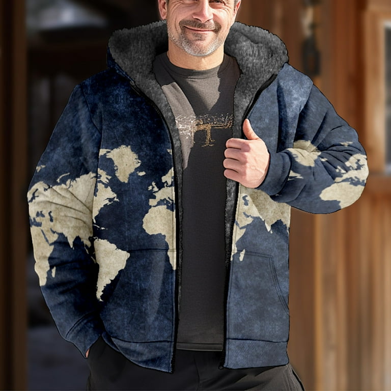 VSSSJ Fashion Jackets for Men Big and Tall World Map Print Thicken Fleece Lined Long Sleeve Zip Up Hooded Coat Winter Thermal Soft Jacket Dark Blue XL Walmart