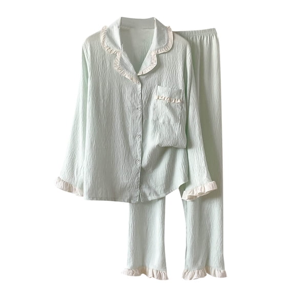PNTUTB Women's Solid Color Ruffled Lapel Button Up Casual 2 Piece Long Sleeve Loose Comfortable Pajamas Set with Pocket