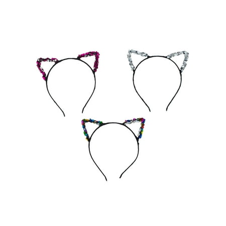 Lux Accessories Multicolored Sequins Cat Ears Set of 3 Playful Fashion Headbands