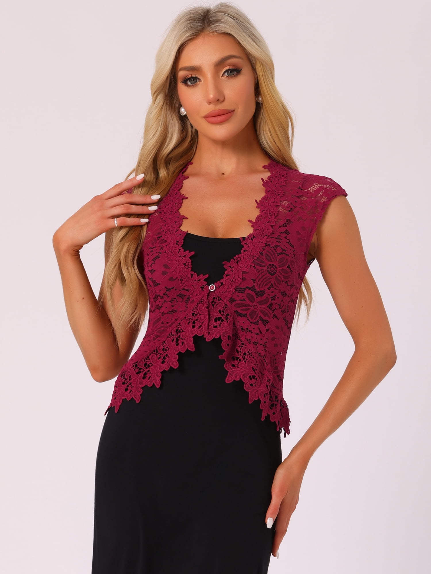 DARING DIVA Women's Lace Cap Sleeves Cardigan Floral Shrug S Burgundy