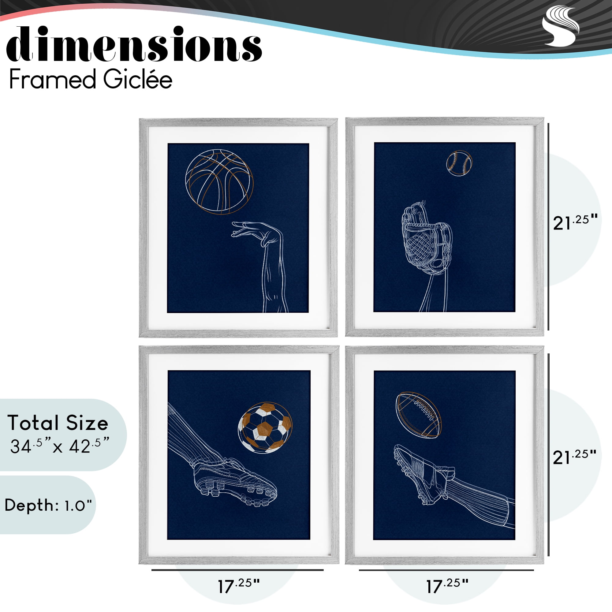 Stupell Industries Sports In Action Contour 4 Piece Gray Framed Print Under Glass Set, design by Marcus Prime