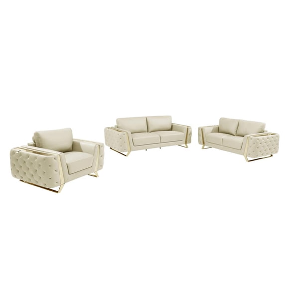 Three Piece Beige Genuine Leather Six Person Seating Set