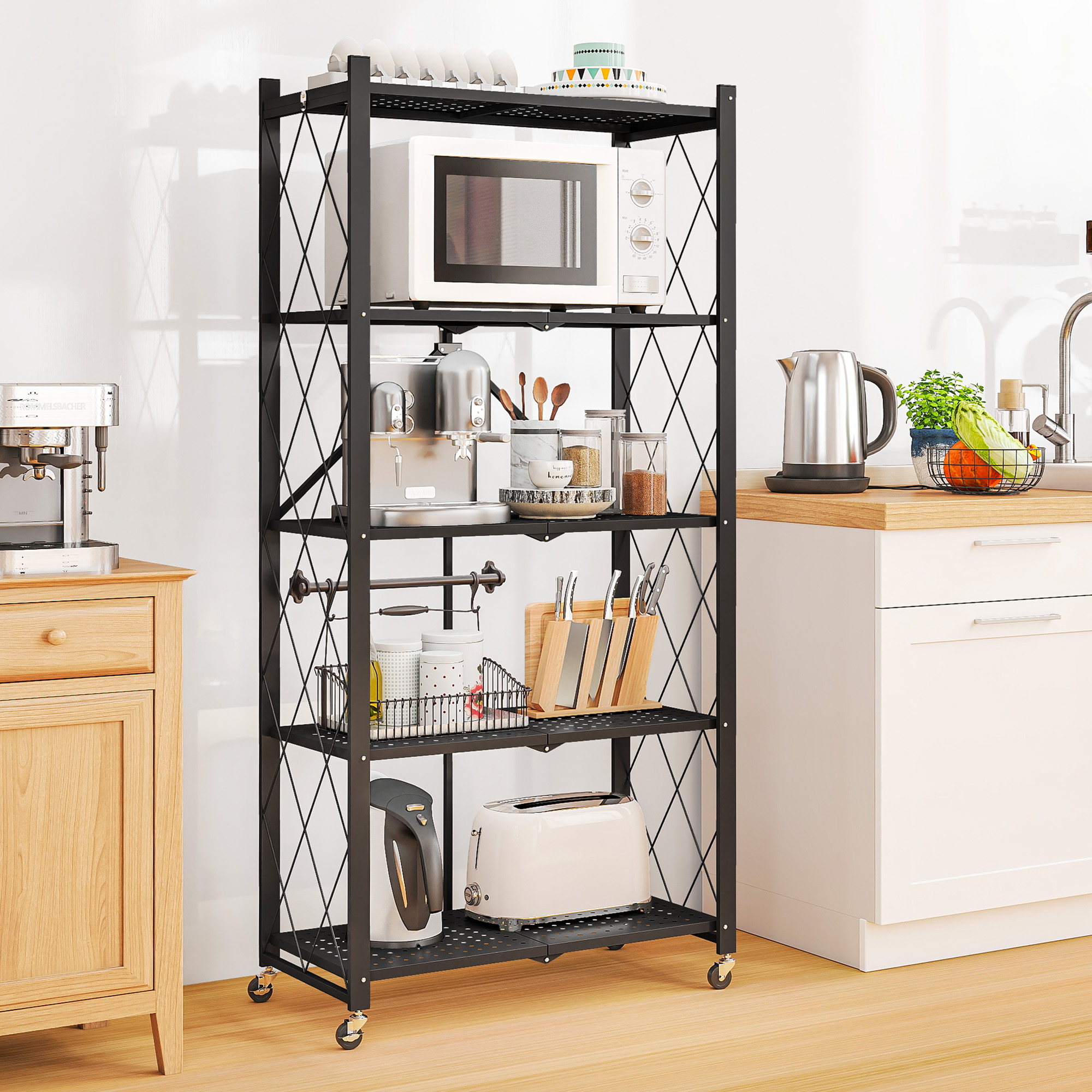 Furnibear 5-Tier Folding Storage Shelves with Wheels, Foldable Metal Rack, Collapsible Shelves for Garage, Kitchen, Basement, Black