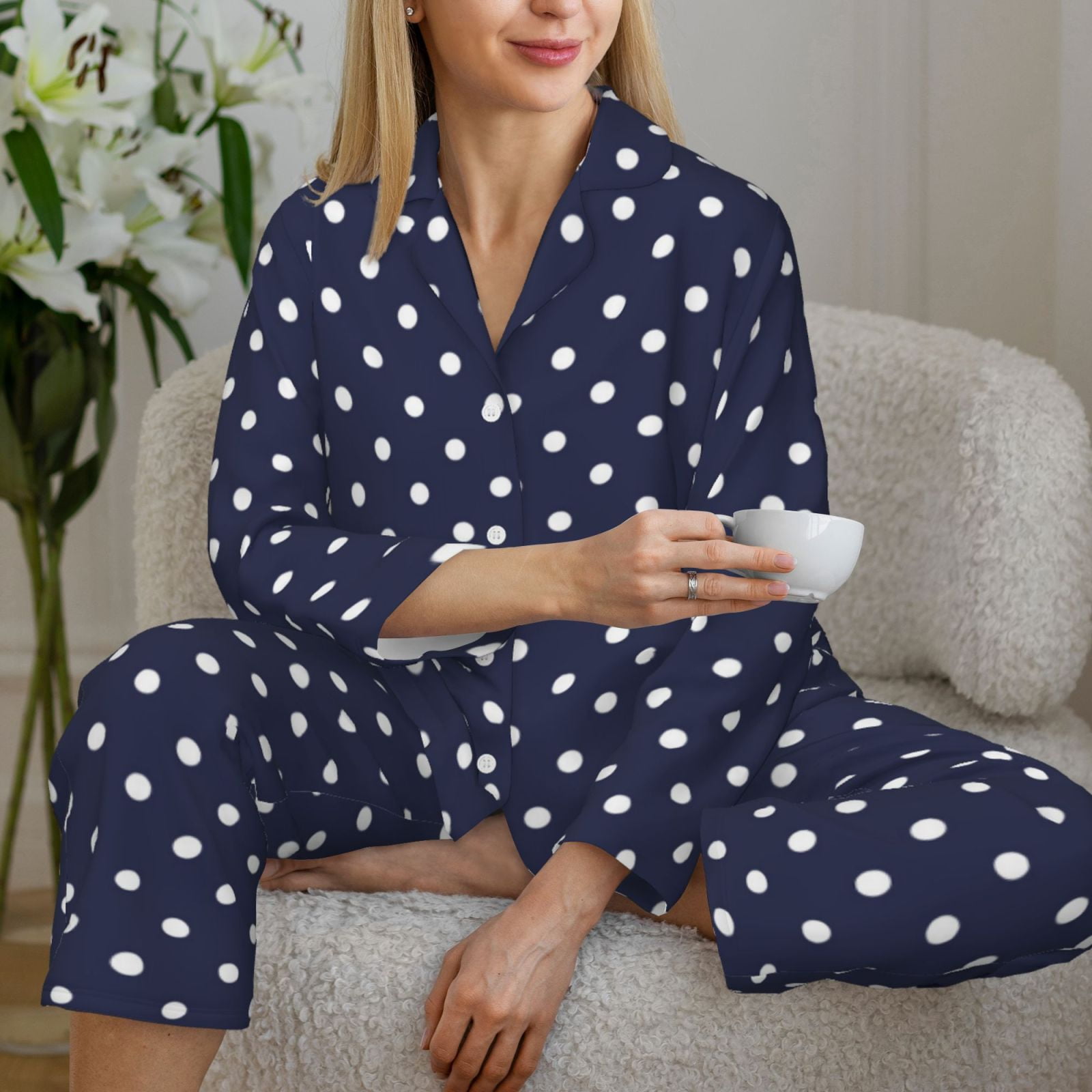 Anjue Women's Polka Dot Pajama Set - Soft Button-Down Long Sleeve PJs With Pants (Navy, Size S)