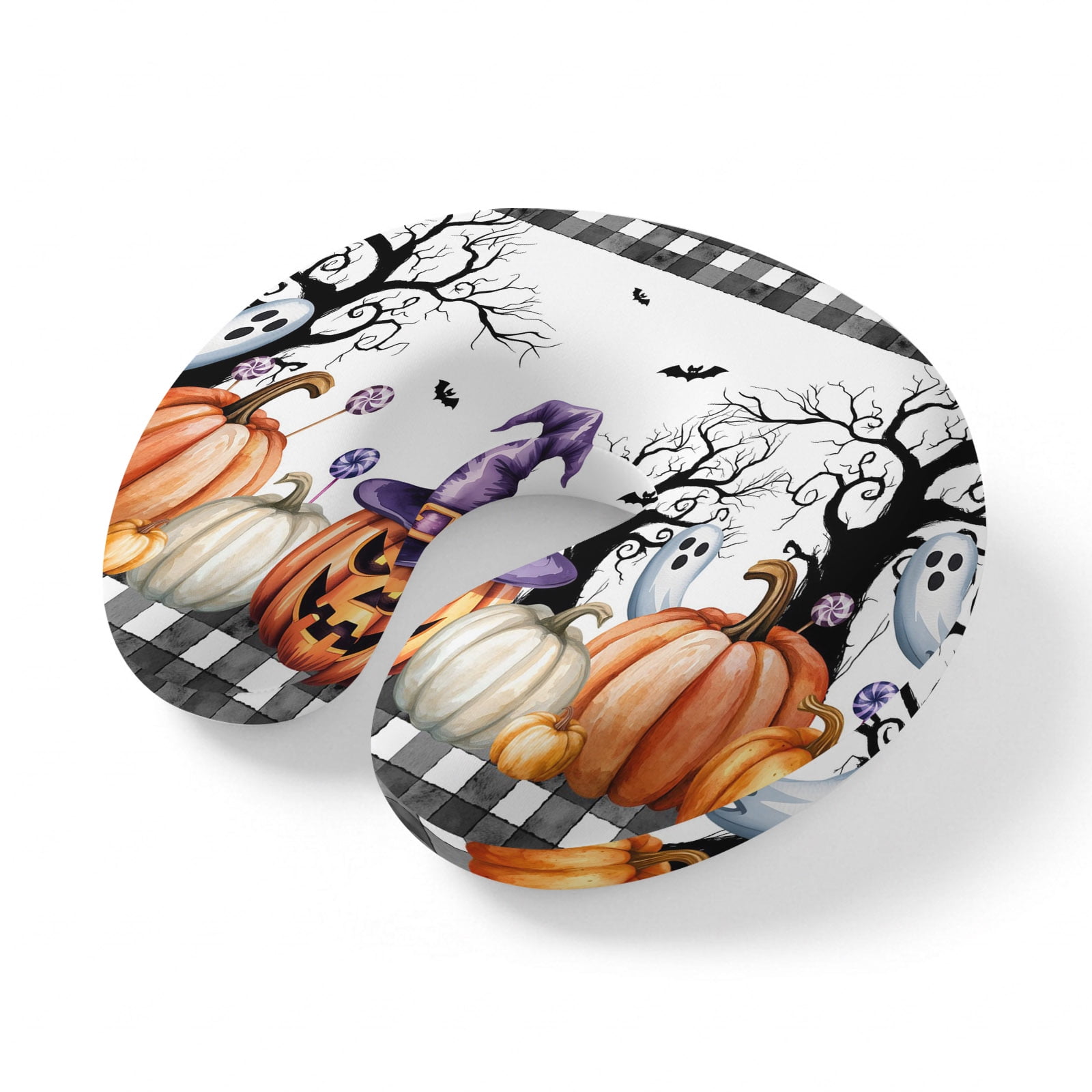 Neck Pillow Scary Halloween Pumpkin Ghost Travel Pillow Memory Foam U Shaped Pillows Tree Black White Travel Neck Pillows for Airplane Car Office Home Sleeping Rest