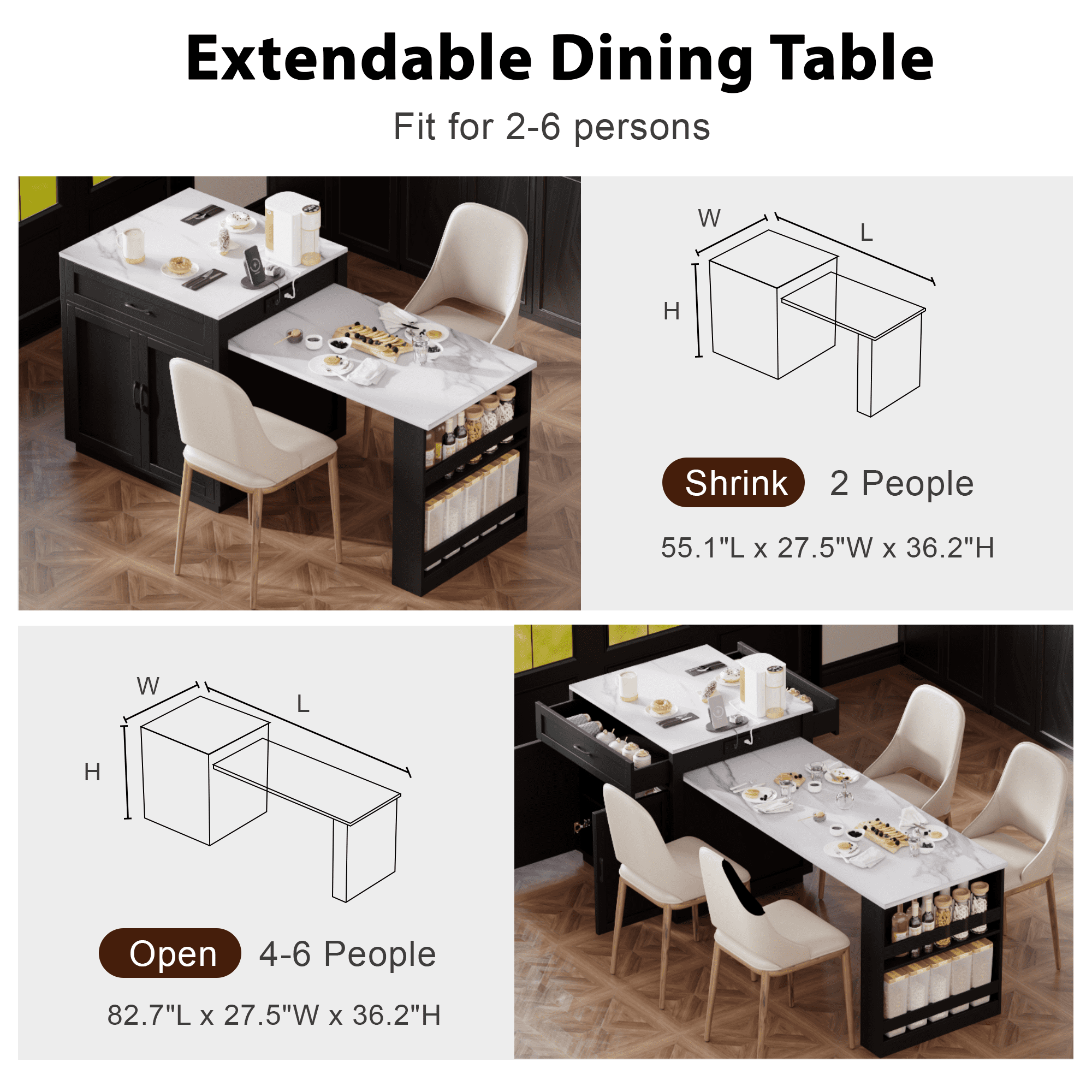 EUROCO 82.7" Kitchen Island with Extendable Dining Table for 4-6 Person,Two-tone Kitchen Table with Double-sized Storage, Power Outlet,2 Drawers and 2 Side Open Shelves,Black