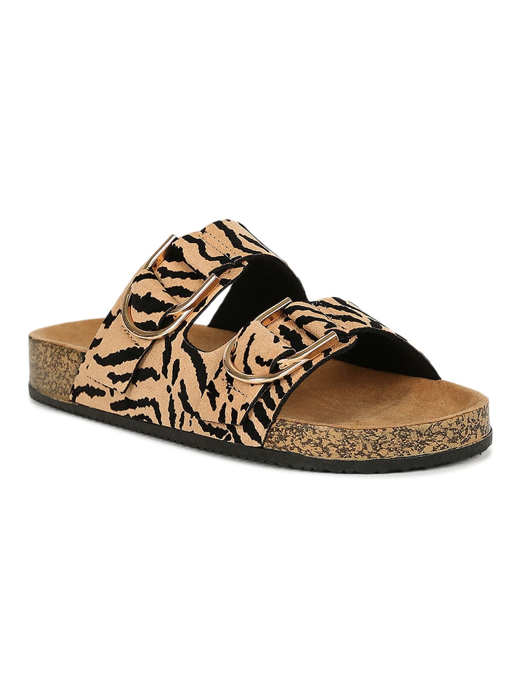 Women Open Toe Dual Buckled Cork Footbed Slide Sandal 19194