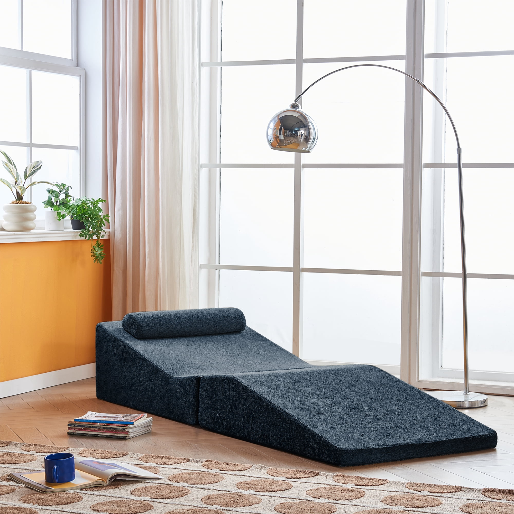 Foldable Tatami Lounger Sofa Bed, High-Density Sponge, Velvet Upholstery, Blue, 80.31 Inch Length, Portable Design, No Assembly Required for Living Room Bedroom Balcony Office