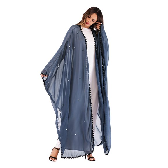 Women's Abaya Coat Fashion Lace-up Patchwork Loose Coat Lace Beaded Stitching Long Sleeve Cardigan Gown-Free Size (As Shown)