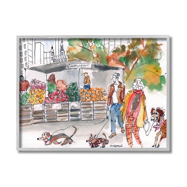 Stupell Industries Farmers Market Illustration City Dog Walkers Gray Framed by Mark Higden