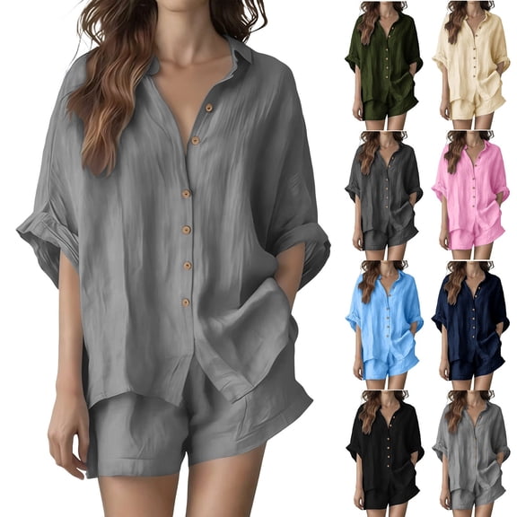 FengLS Women's Fashion 2 Piece Sets Lapel Collar Button Down Shirt & Short Pants Sets Cotton Linen Lightweight Breathable Sets for Daily Outdoor & Casual Home Wear
