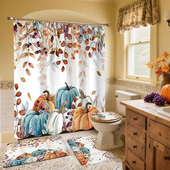 Fall Pumpkin Leaves Bathroom with Rugs and Accessories 4 Piece, Cute Autumn Harvest Yellow Watercolor Eucalyptus Leaves Shower Curtain Sets with Non-Slip Bath Mat Toilet Cover U Shaped Mat Set 4 Pcs