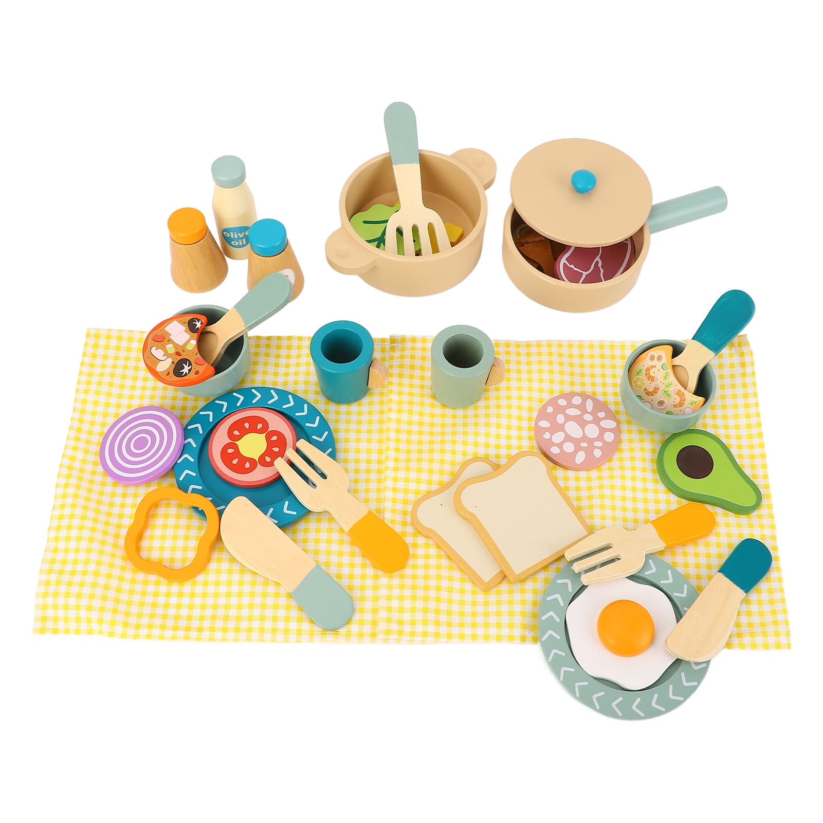 Wooden Kitchen Utensils Play Set, Role Playing Safe Wooden Play Food Set Educational Bright Color  for Kids