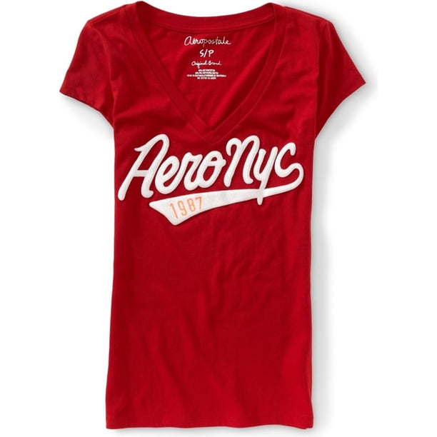 Aeropostale - Camiseta gráfica con cuello en V para mujer con pintura de hojaldre brillante, rojo, XS Aeropostale Camiseta gráfica