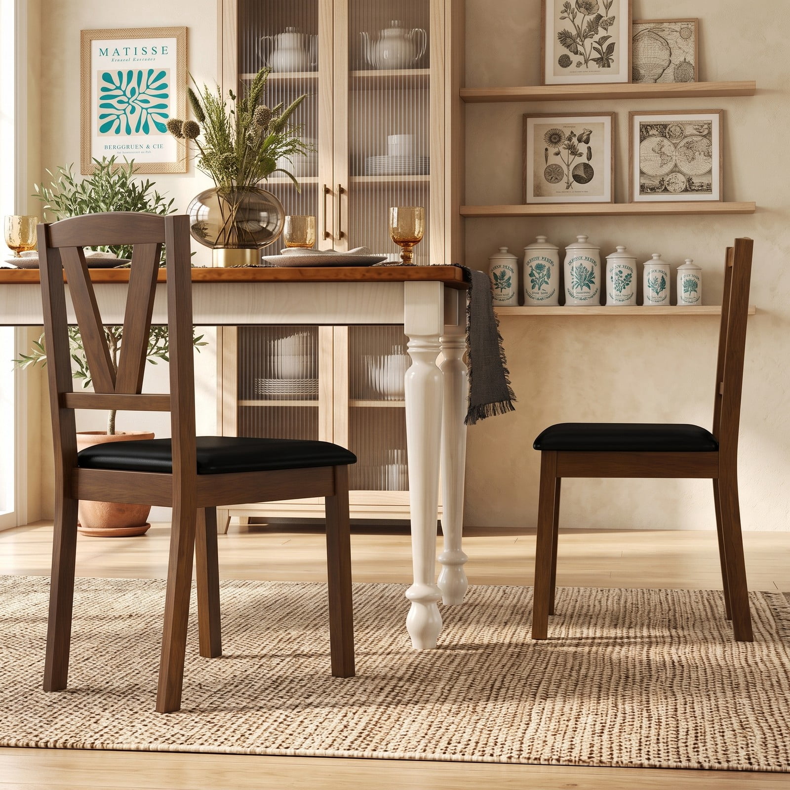 Furnibear Wooden Dining Chair Set of 2, PU Leather Upholstered Kitchen Side Chairs with Rubber Wood Frame, V-Shaped Backrest, Padded Seat for Home Restaurant, Brown
