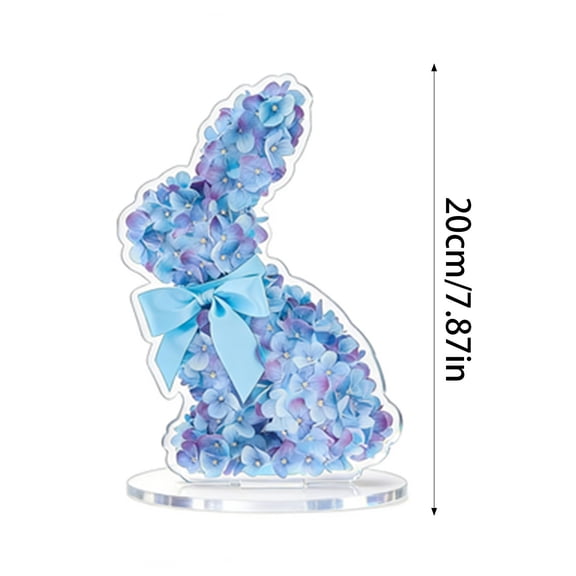 HuiXinOu Blue Hydrangea Bunny Decor - 8in Artificial Floral Figurine with Bow, Spring Easter Home Tabletop Decoration, 2D Acrylic Stand, Gift Idea