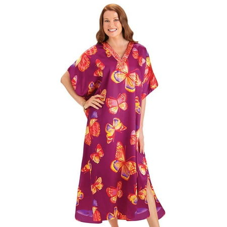 Women's Magenta All-Over Butterfly Print V-Neck Caftan Lounger Dress - Comfortable Summer Outfit, Onesize, (Best Dresses For Women Over 50)