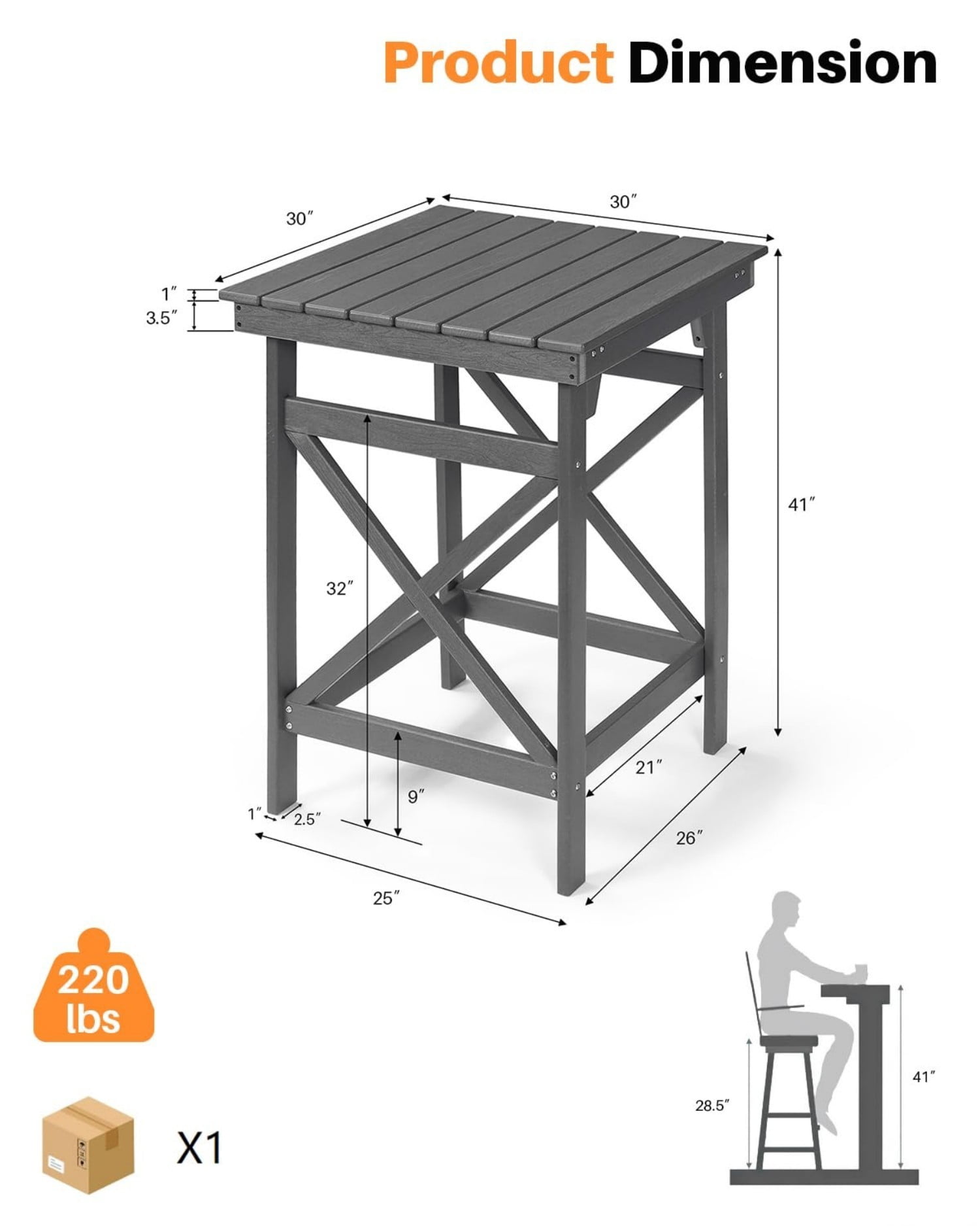 HDPE Outdoor Bar Table, 41" Adirondack Patio Bar Height Table, Weather Resistant High Top Pub Table for Poolside, Balcony, Porch, Garden, Smoke Gray