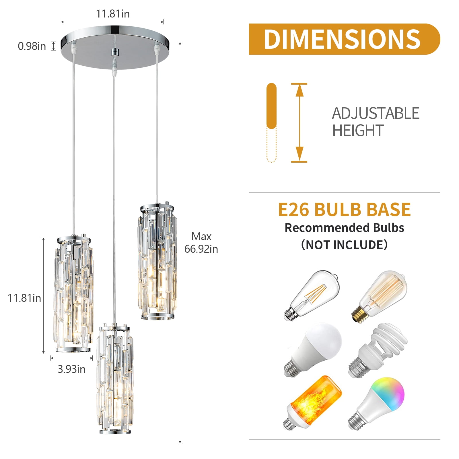 Mini Crystal Chandeliers Adjustable Pendant Light Modern Chrome Pendant Light Fixture for Living Room, Dinning Room, Kitchen Island and Bedroom(3-light)