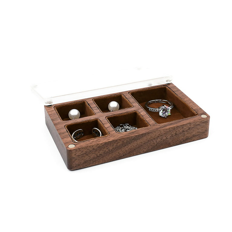 GENEMA Wooden Jewelry Box Ring Necklace Earring Organizer Box Walnut Solid  Wood Small Jewelry Storage Box Case for Ring Earring 