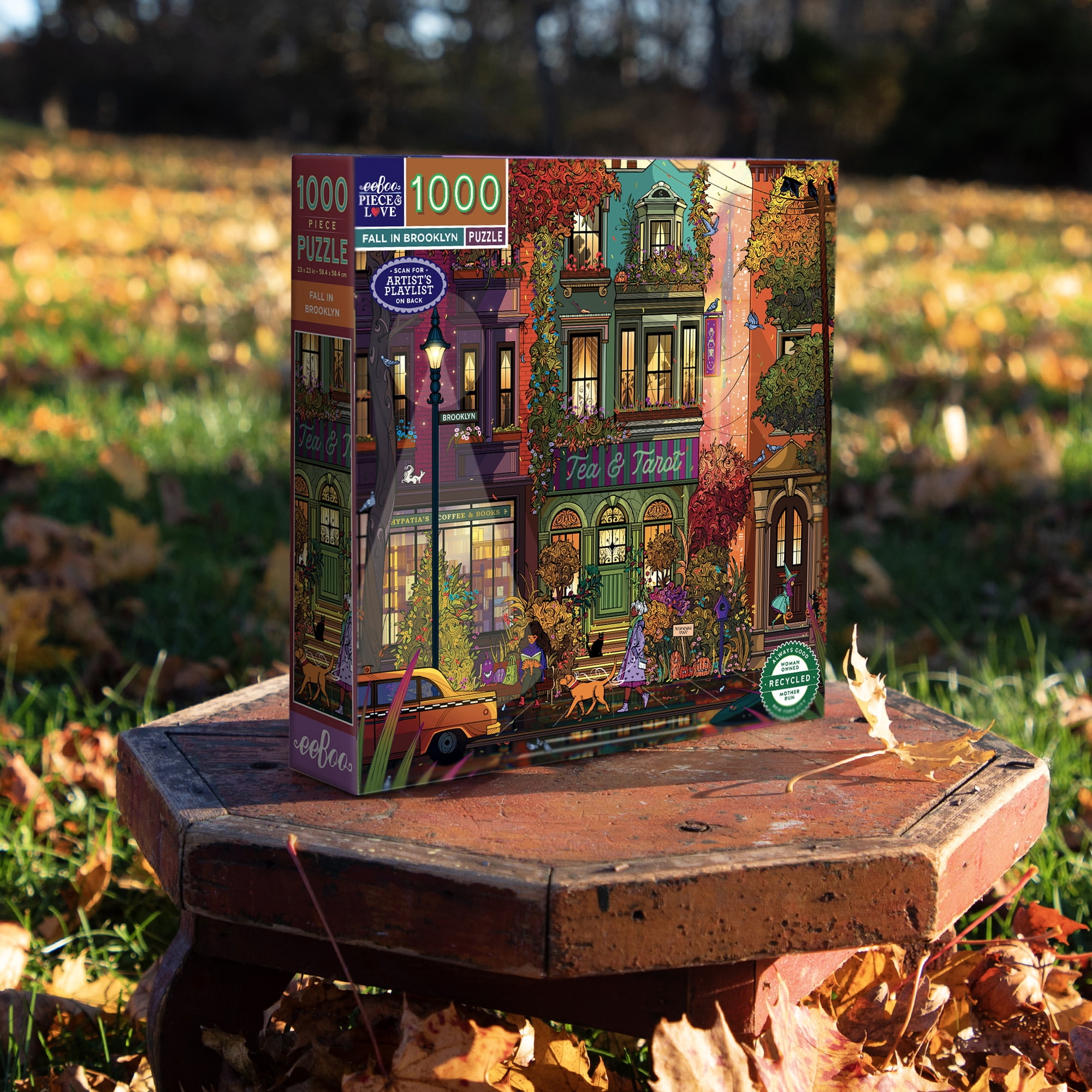 eeBoo Piece & Love: Fall In Brooklyn - 1000 Piece Puzzle - Square Adult Jigsaw, Laura El's Autumn Twilight City Street Scene, Eco-Friendly, Playlist
