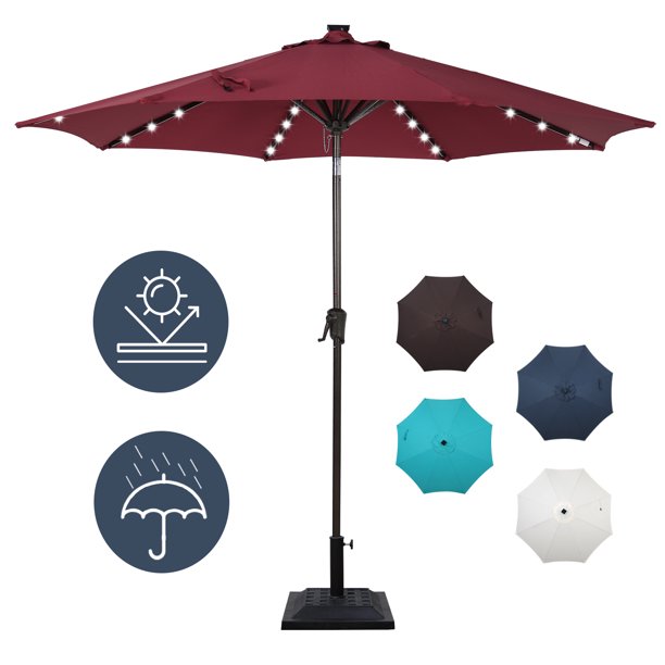 COBANA 9Ft Solar Patio Umbrella with Base Included, Lighted Outdoor