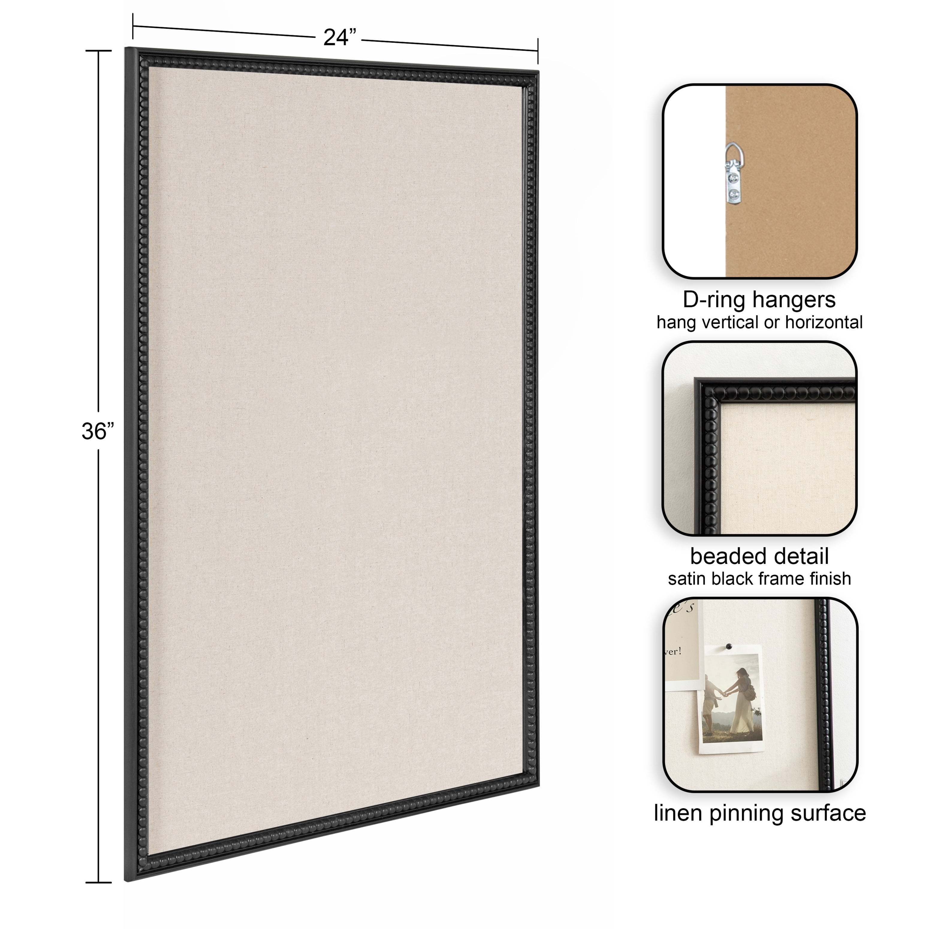 Kate and Laurel Makenna Framed Linen Fabric Pinboard, 24 x 36, Black, Traditional Beaded Bulletin Board for Vintage Home Wall Organization or Aspirational Vision Board