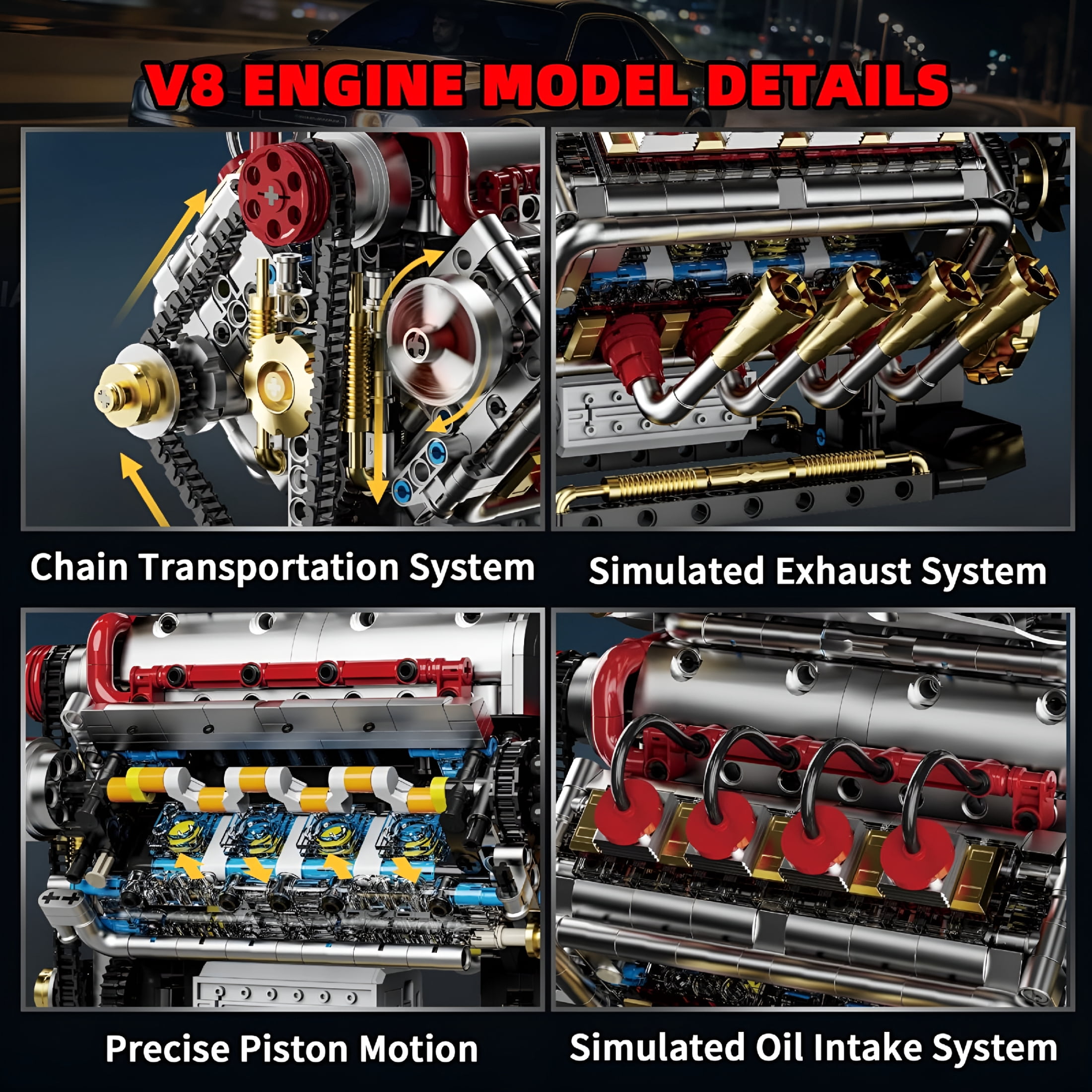 BESTSKY V8 Engine Model Kit That Runs, 8-Cylinder Car Engine Building Set with Rechargeable Motor, Compatible with for Adults, Engineering Construction Toy for Teens Boys (1176 PCS)