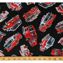 Cotton Fire Trucks Tossed Fire Engines Firefighters Fireman Emergency Rescue Black Cotton Fabric Print by the Yard (FIRE-CD1988-BLACK)