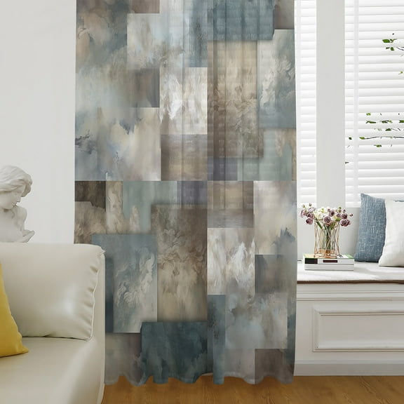 Blue Brown Geometric Semi Sheer Curtains Drapes for Living Room, Bedroom, French Doors Window 63 Inches Long, Modern Ombre Abstract Art Rod Pocket Chiffon Curtain Drapery Voile Draperies Panel