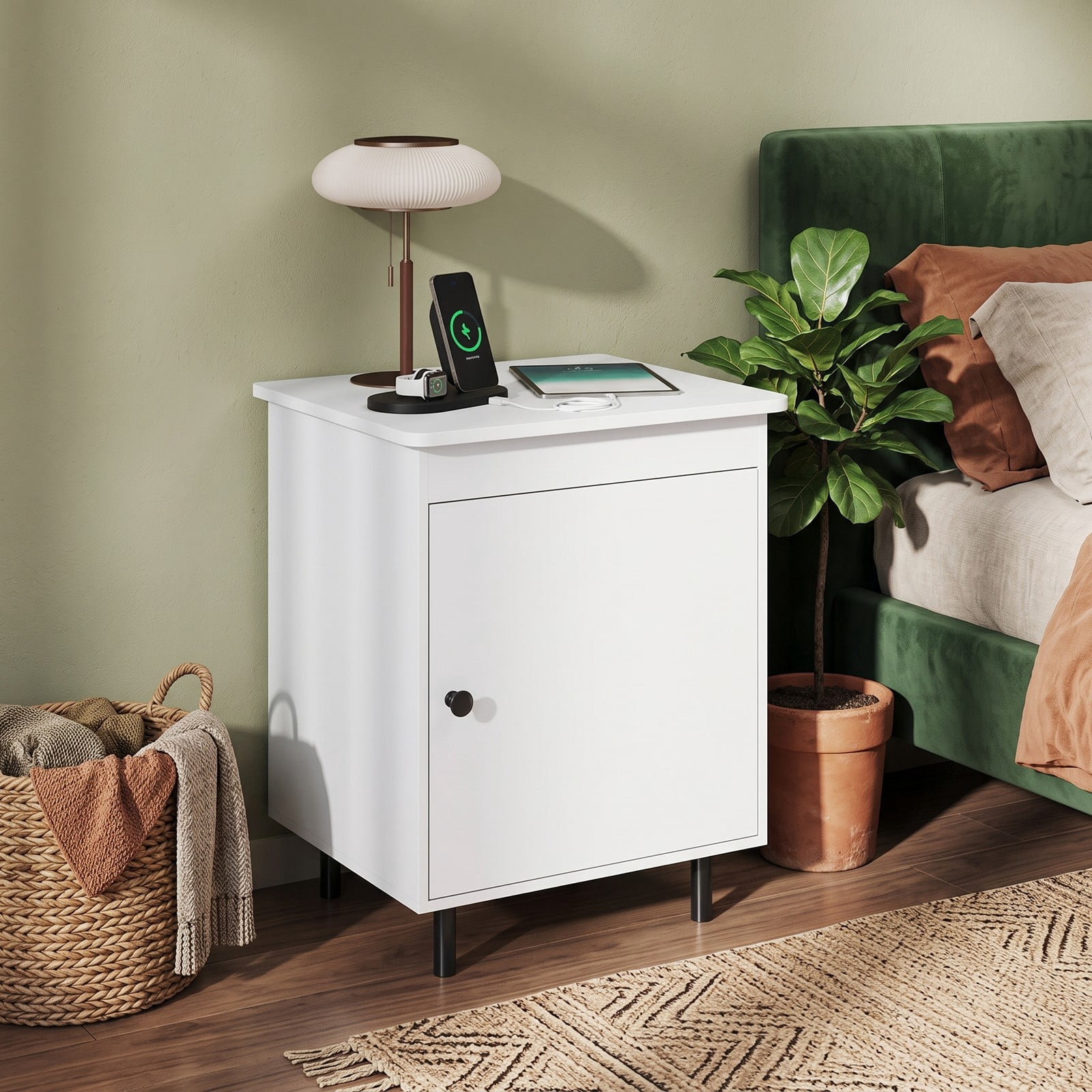 Furnibear Mid Century Nightstand with Enclosed Storage Cabinet and Open Top and Metal Legs for Bedroom and Living Room, White Bedside Table