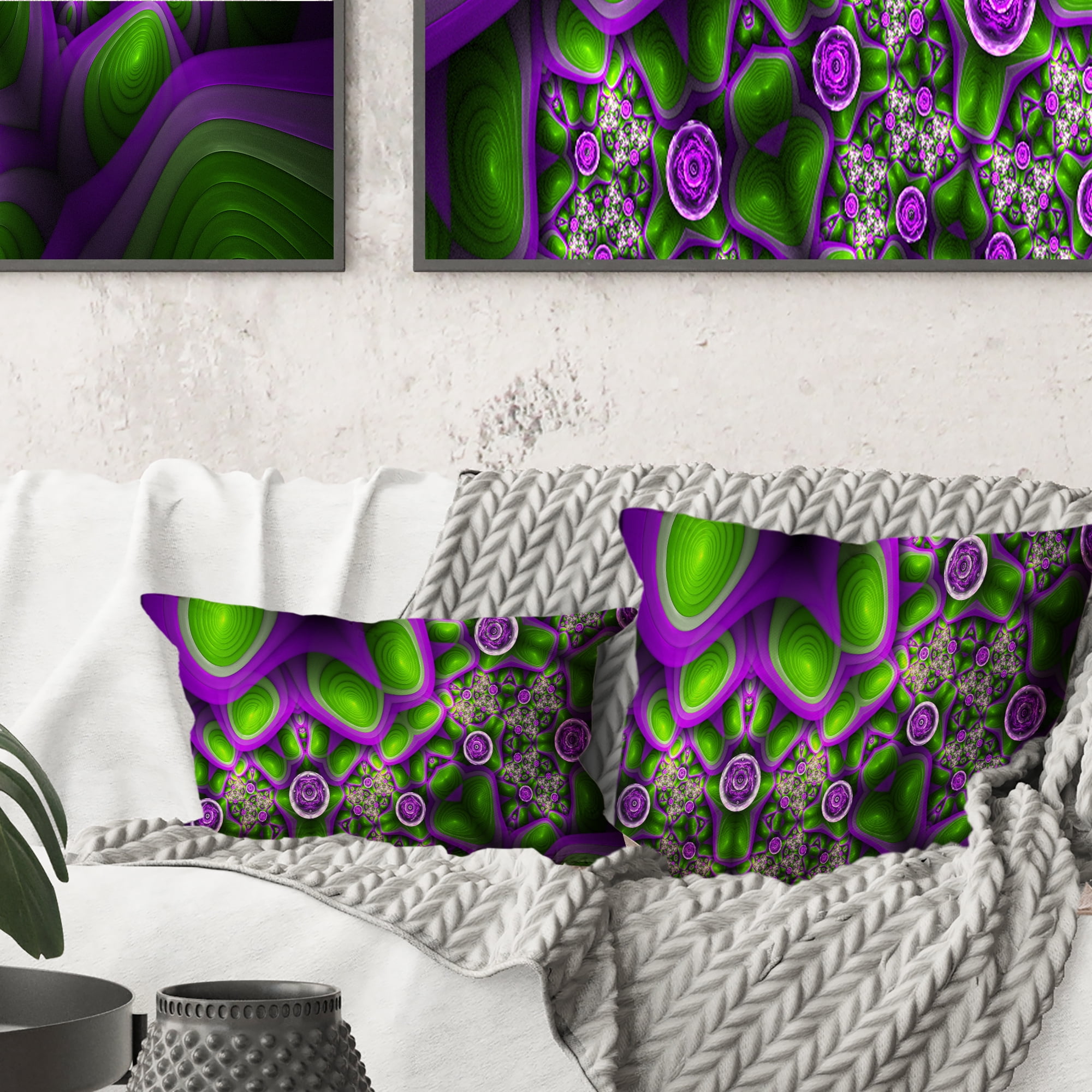 Designart Green Purple Exotic Pattern - Abstract Throw Pillow - 18x18