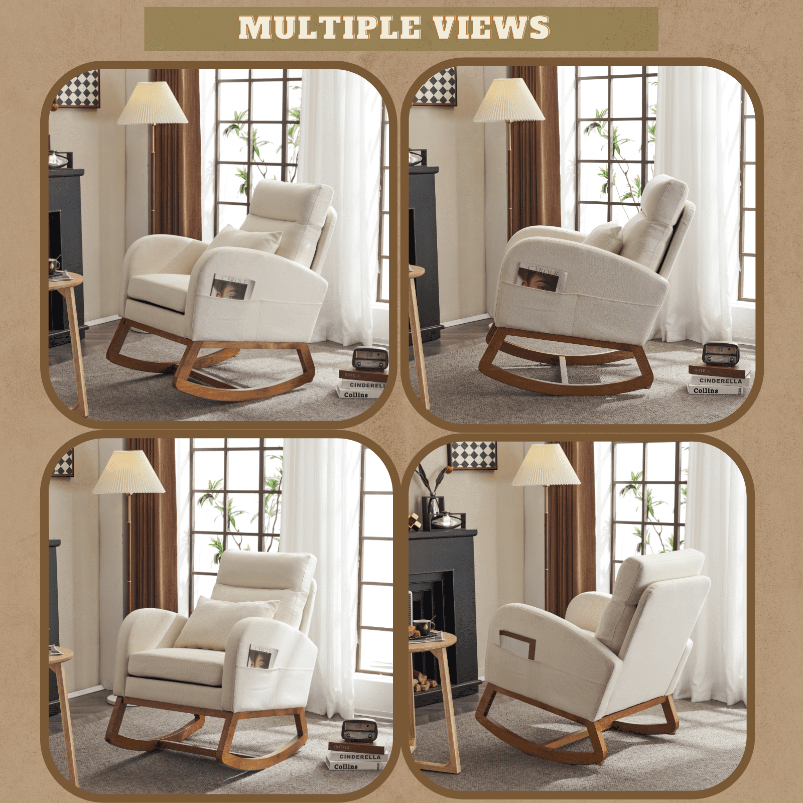UBesGoo Rocking Accent Chair Armchair Reading Chair, Comfy Single Sofa Rocker with Sturdy Wooden Frame for Living Room Bedroom Beige
