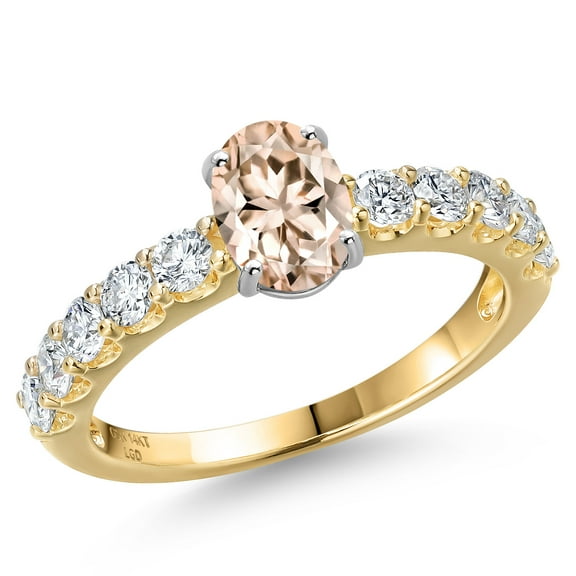 Gem Stone King 14K Two Tone Gold Peach Morganite and Lab Grown Diamond Engagement Ring for Women | 1.30 Cttw | Oval 7X5MM | Gemstone October Birthstone | Size 9