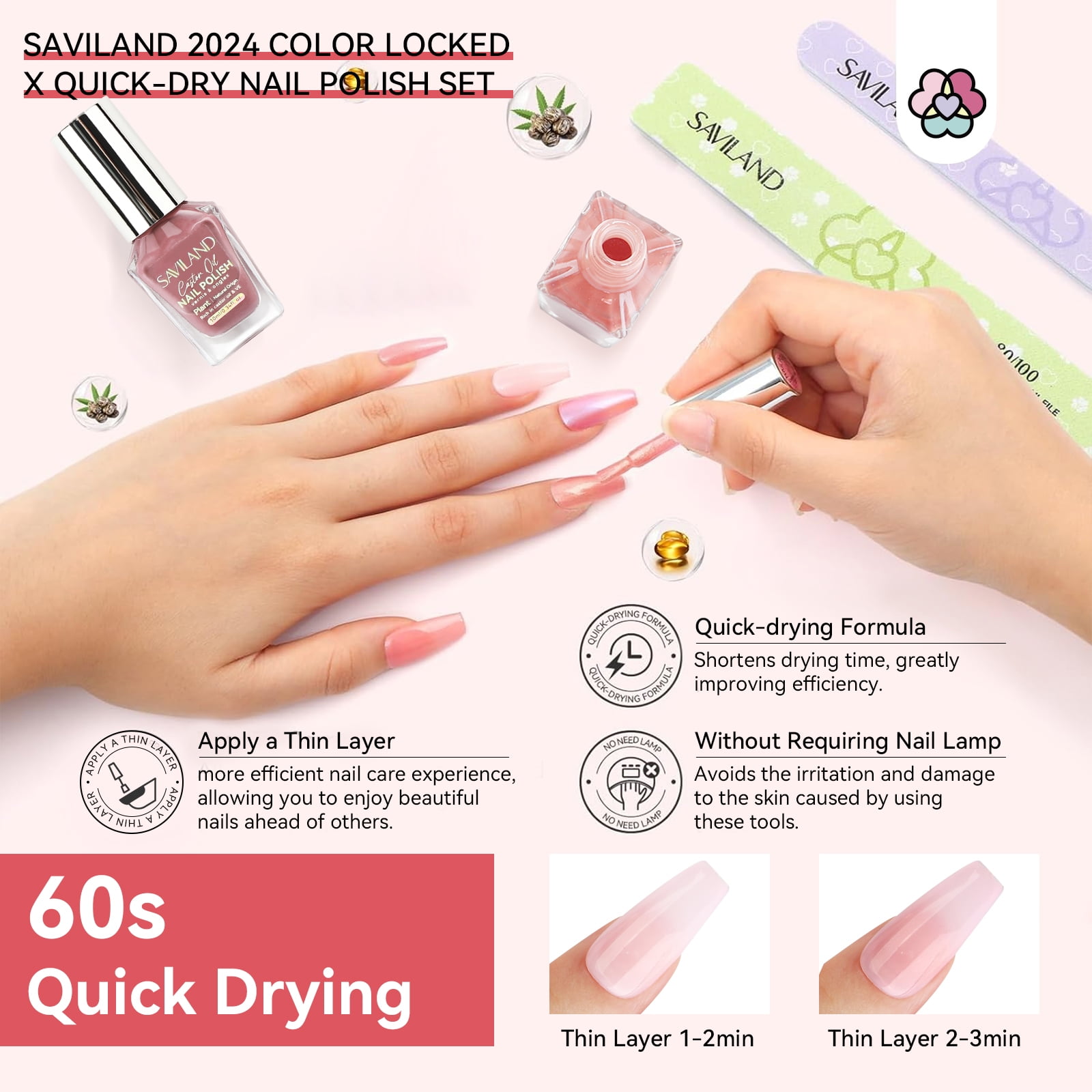 SAVILAND Quick Dry Nail Polish: 6Pcs Hot Sheer Color Nail Polish Set Neutral Solid Color Pink Nudes Glitter Nail Polish Kit Castor Oil Non Gel Nail Polish Finger Toe