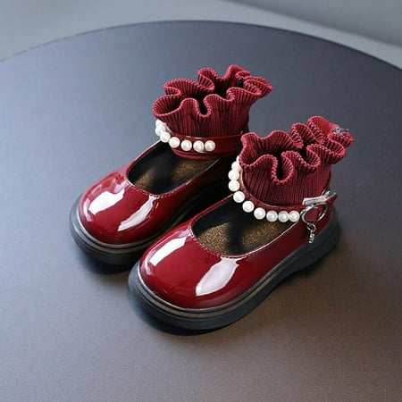 

MEROTABLE Children Princess Shoes PU Leather Girl Boots with Pearl Student Performance Shoes Loli Shoes