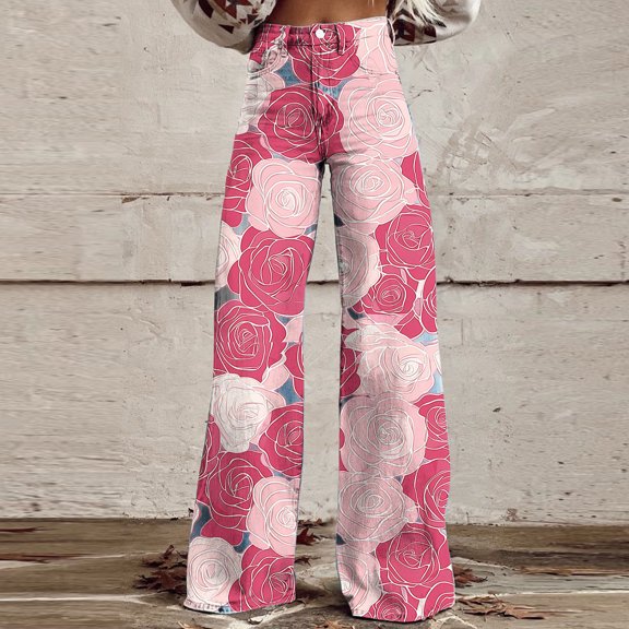 Heisall Women's High Waisted Wide Leg Jeans Flower Printed Straight Leg Baggy Jeans High Rise Loose Boyfriend Denim Pants 2026 Trendy