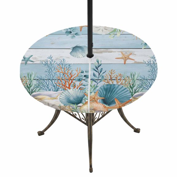 Round Outdoor Tablecloth with Umbrella Hole and Zipper, Blue Coastal Tablecloth with Elastic Waterproof, Summer Beach Starfish Shell Coral Nautical Patio Table Covers for 31" - 35" Pool Tables