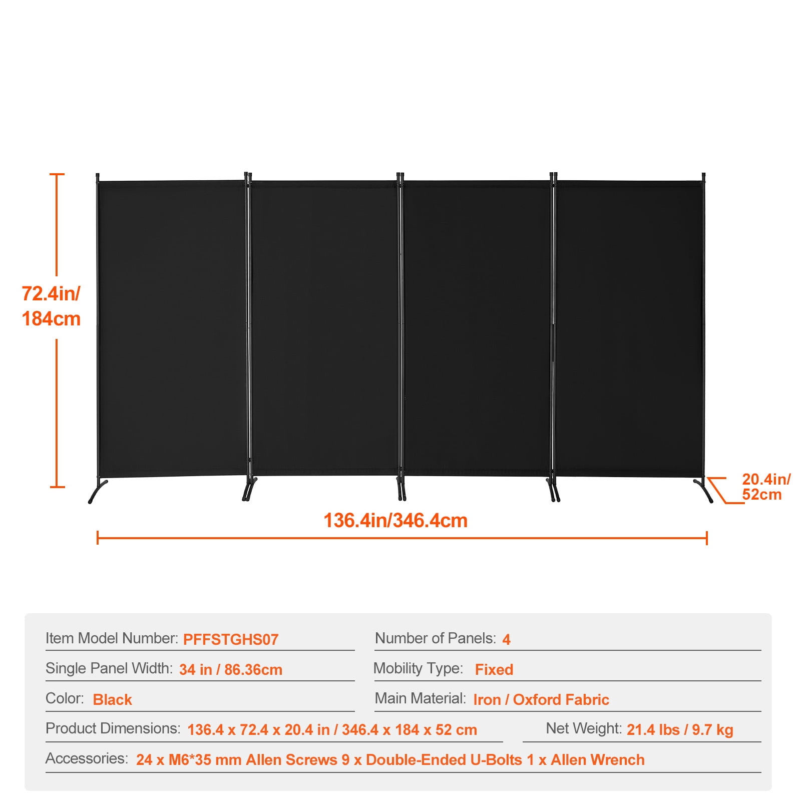 KFFKFF Space Separator, Quadruple Panel Divider, Foldable Privacy Barrier and Detachable Space Segregator for Room Division, Independent Space Dividers for Workspace, Sleeping Area, Study, Ebony
