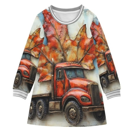 YAZAOO Little Girls Long Sleeved Hoodie A Dresses Truck with Large Maple Leaf Classical Creative Pattern