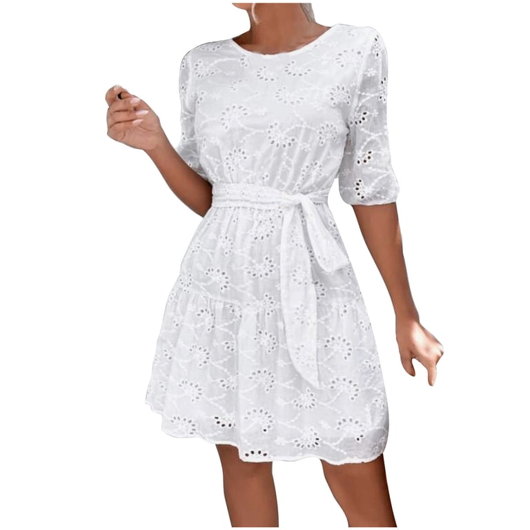 Summer Dresses Ndbuld Versatile Temperament White Embroidered Fabric Short Sleeved Round Neck Dress White XXL - Walmart.com Summer Dresses Ndbuld Versatile Temperament White Embroidered Fabric Short Sleeved Round Neck Dress White XXL - Walmart.com