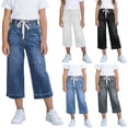 thumbnail image 7 of Girls' Capri Jeans Wide Leg Faux Denim Capris Drawstring Elastic Waisted Loose Cropped Pants with Pockets (6-7 Years, Light Blue), 7 of 7