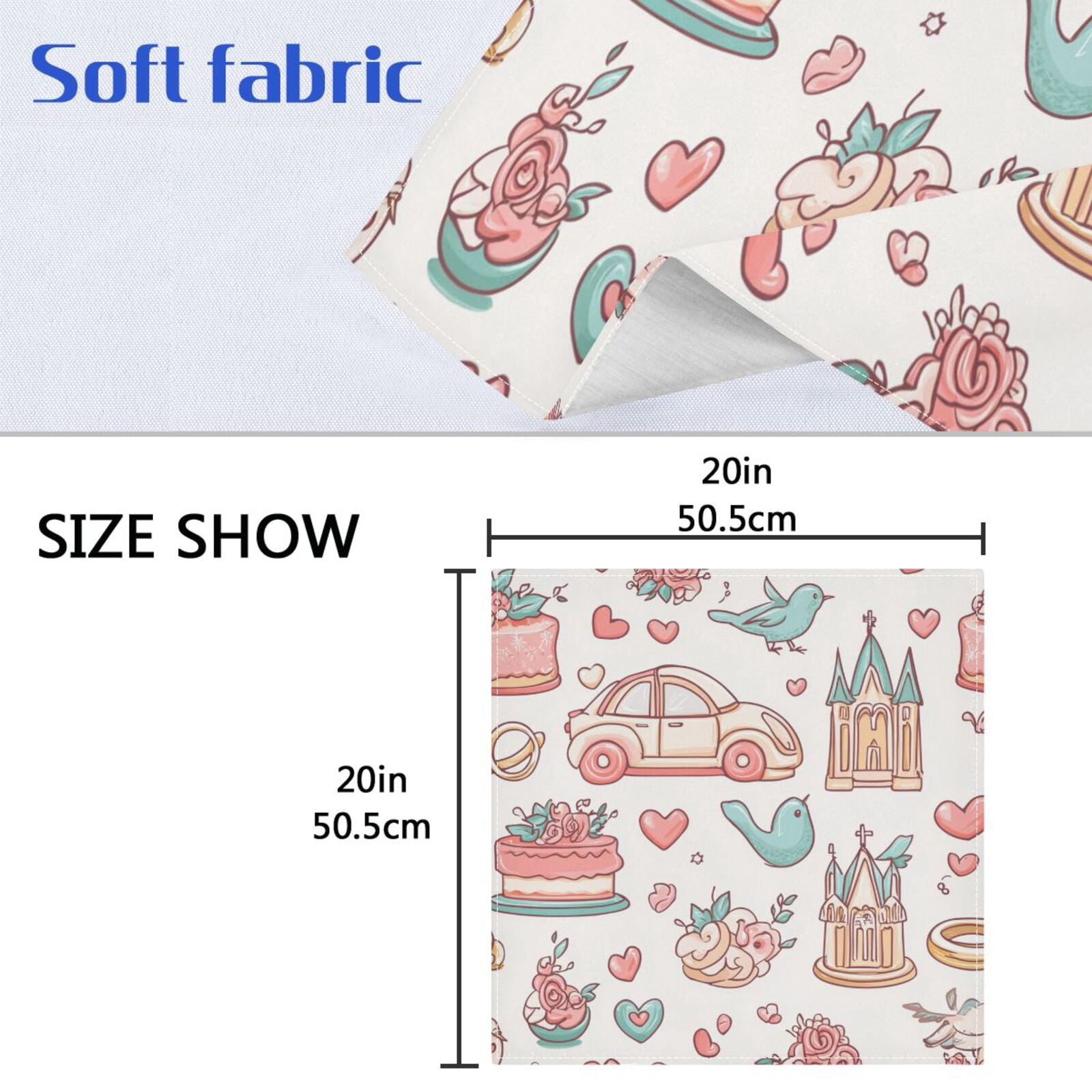 JSTEL Cartoon Wedding Heart Cloth Napkins Set of 6, 20x20 Inch Washable and Reusable Napkin for Decoupage Dinner Party Everyday Use