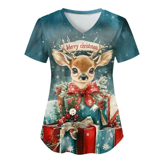 BloomJoy Scrubs for Women Christmas Womens Short Sleeve V Neck Snowman Printed Top Nursed Working T Shirts Blouse With Pockets Holiday T Shirt Weightlifting Long Sleeve Shirts