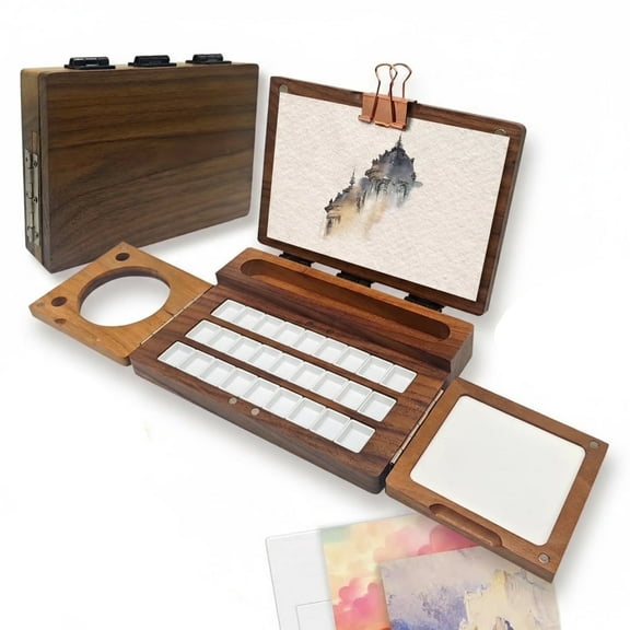 Travel Watercolor Palette with 27 Grids, Foldable Magnetic Closure Design, Handmade Portable Walnut Wood Palette Box Ideal for Artists and Beginners